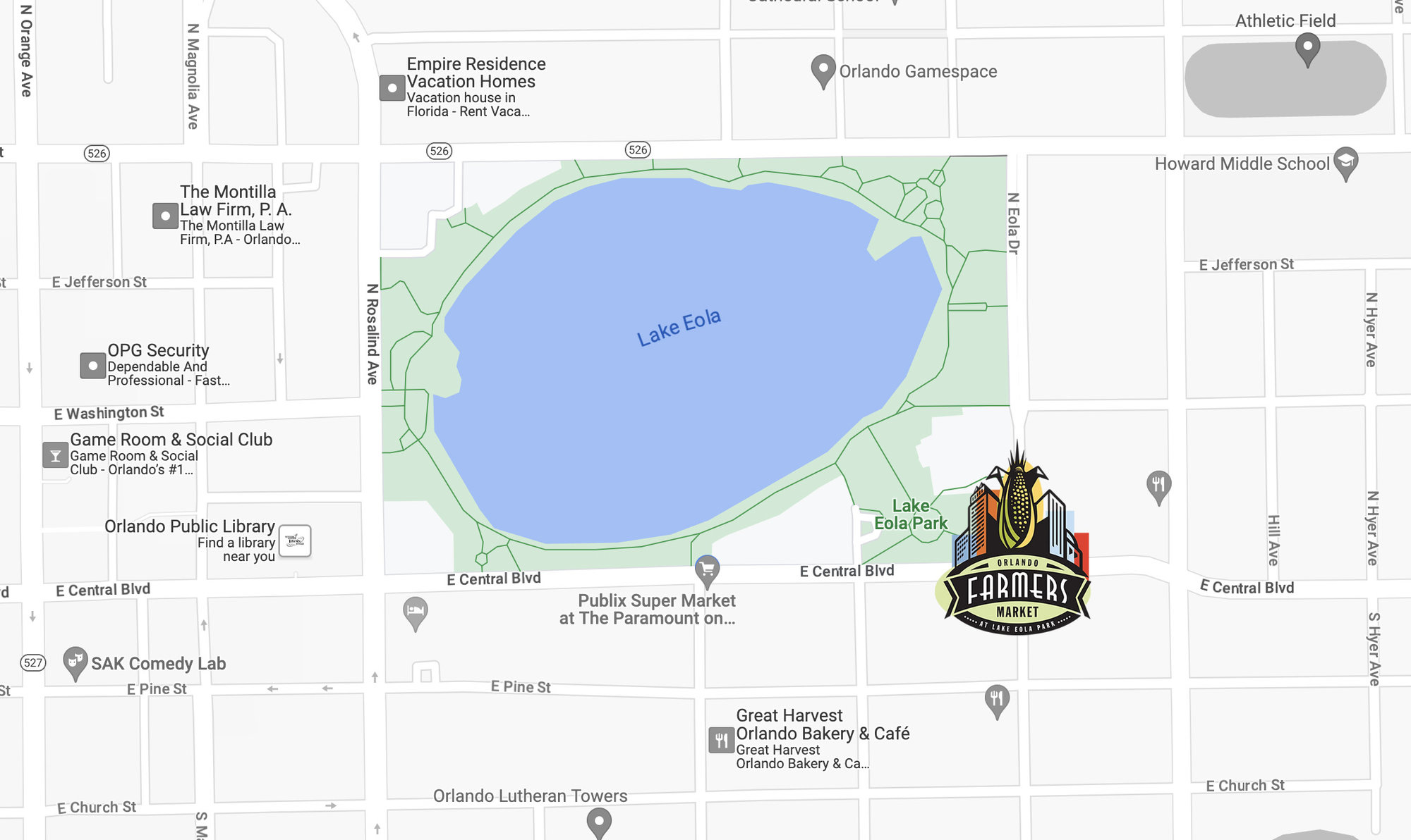 google map of orlando with lake eola and farmers market logo